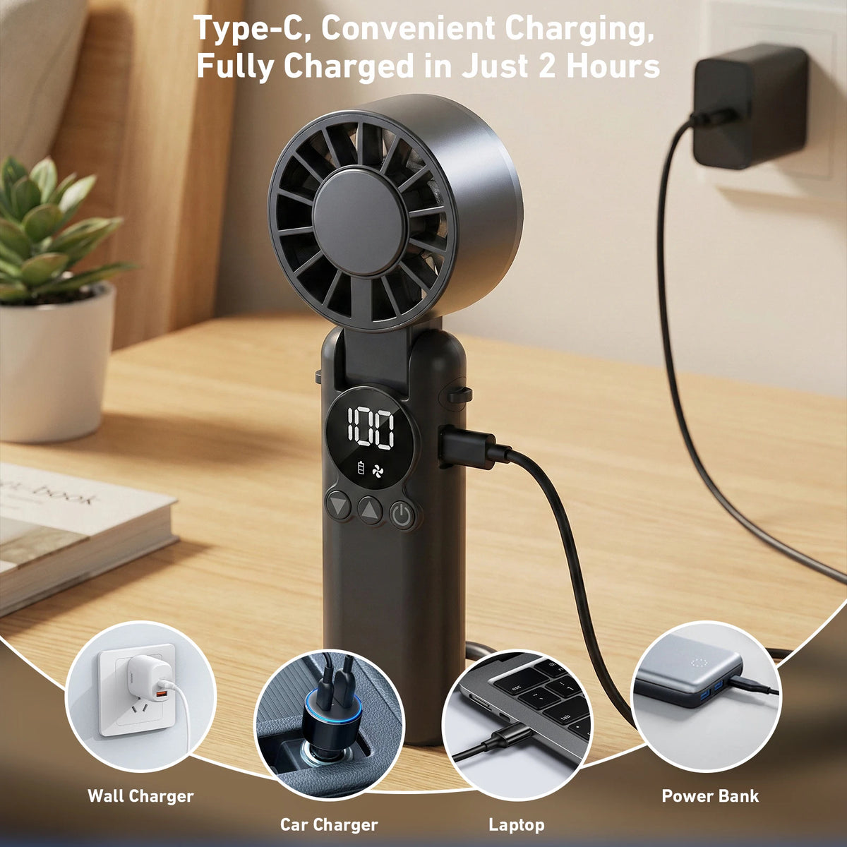 3-in-1 Portable Handheld and Desk Fan, 5000mAh, with Holder