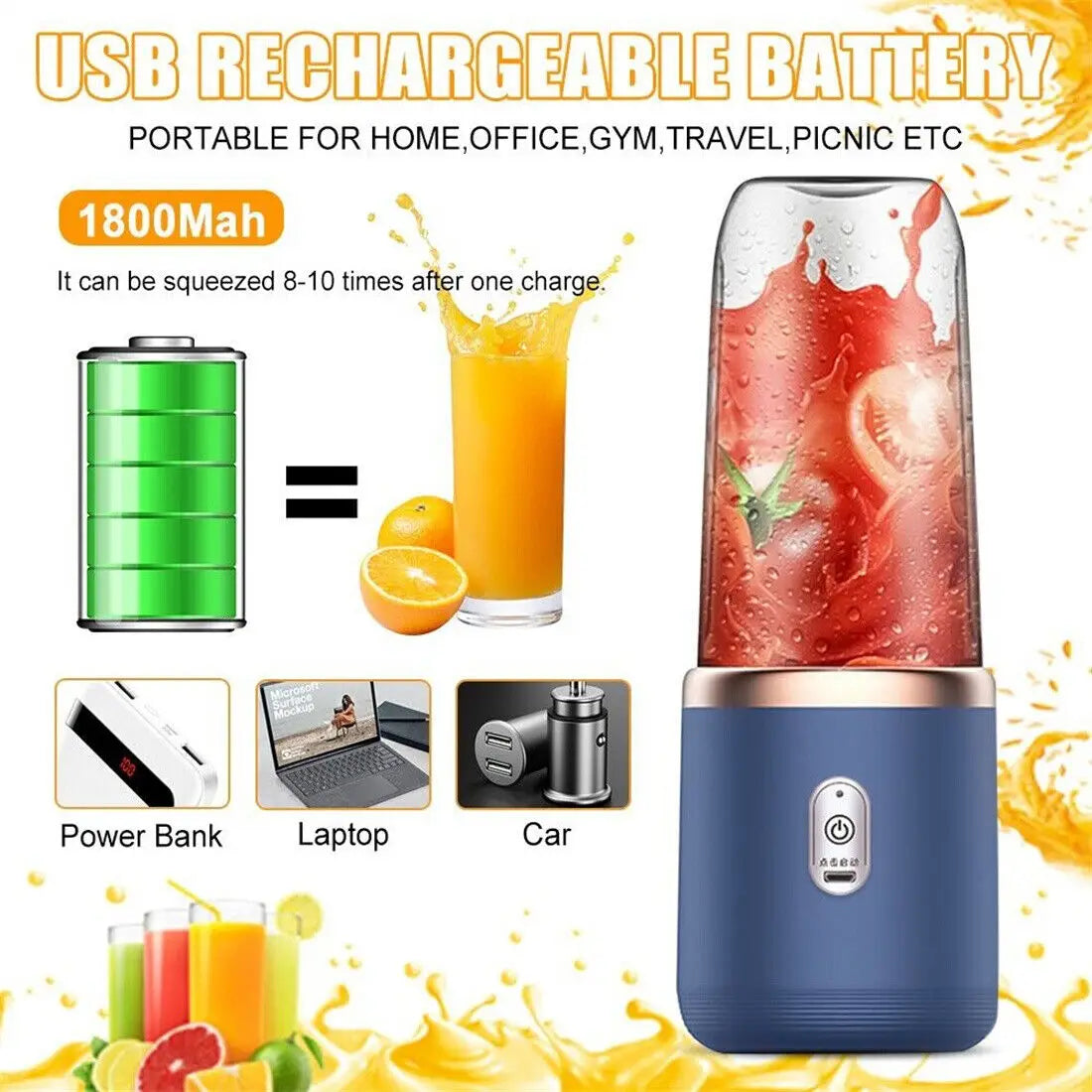 300ml Portable Cordless USB Rechargeable Blender with 2 Drinking Cups