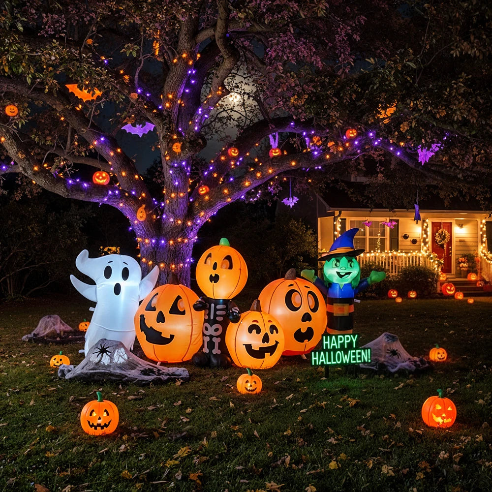8FT Inflatable Halloween Pumpkin, Witch and Ghost, Illuminated