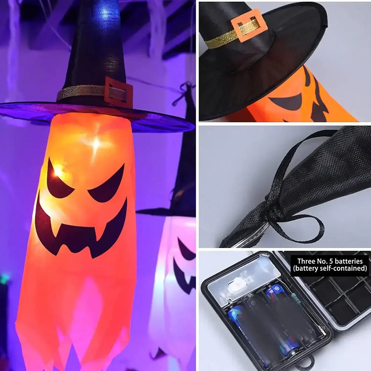 5 Piece Halloween Witch Hat String Lights, Coloured LED