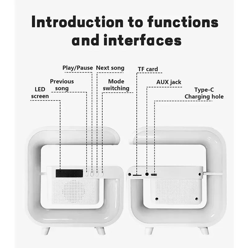 Multifunction Wireless Charger Stand with Bluetooth Speaker and RGB Night Light