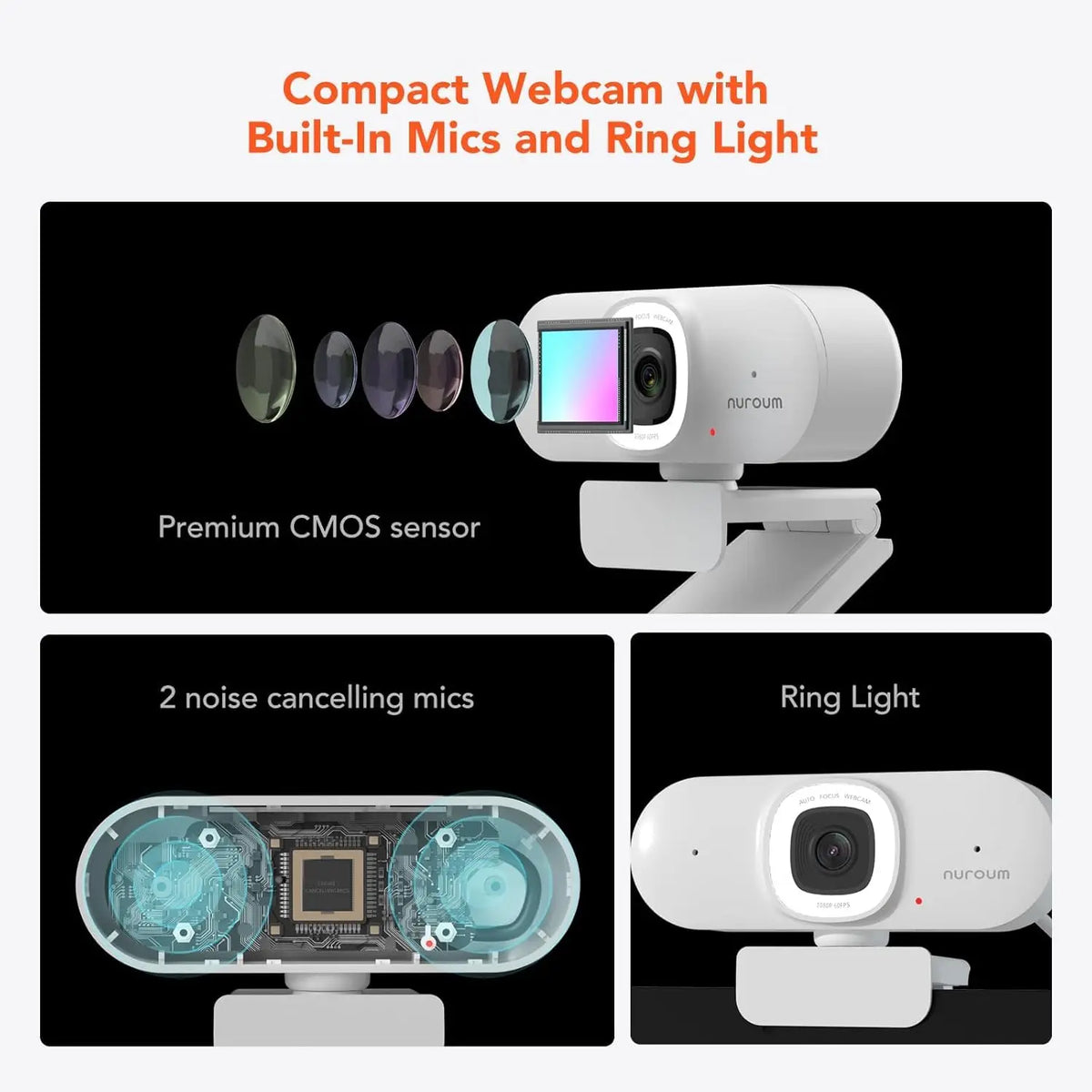 Auto Focus Webcam with Ring Light, USB, Noise-Cancelling Mic