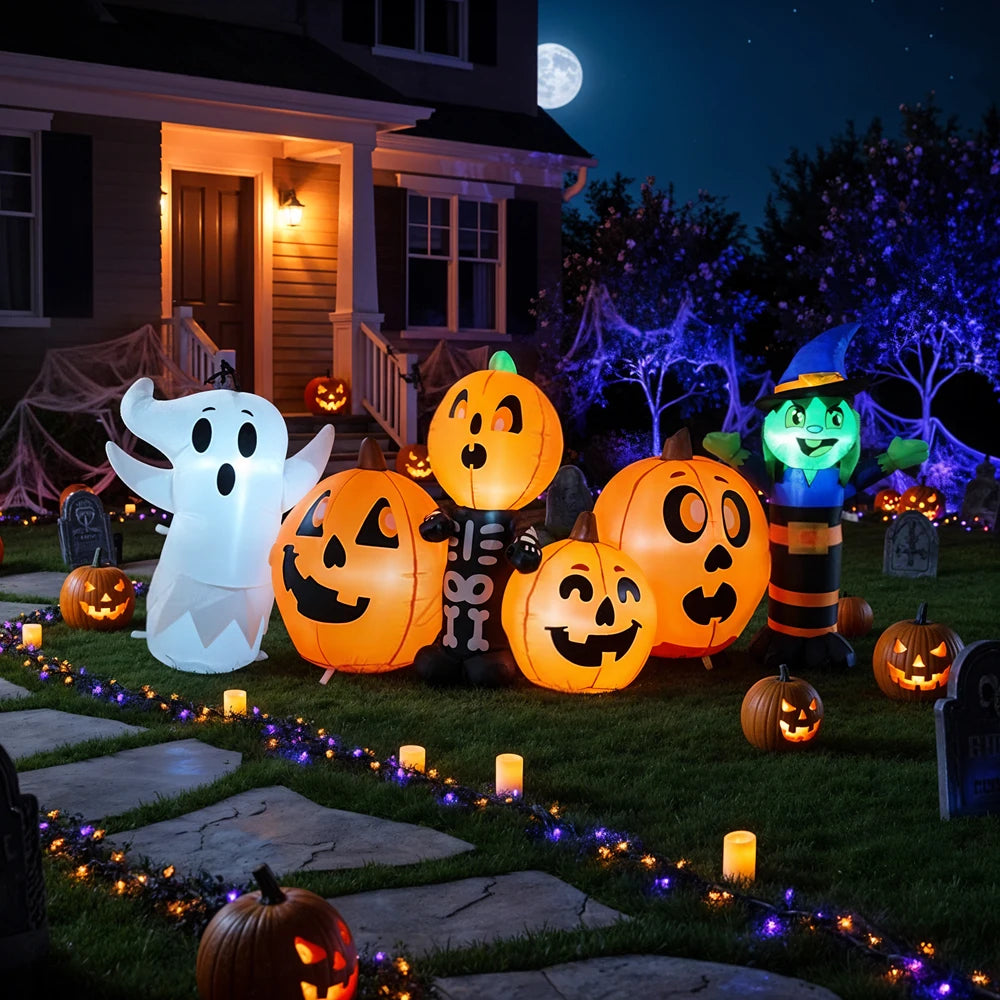 8FT Inflatable Halloween Pumpkin, Witch and Ghost, Illuminated