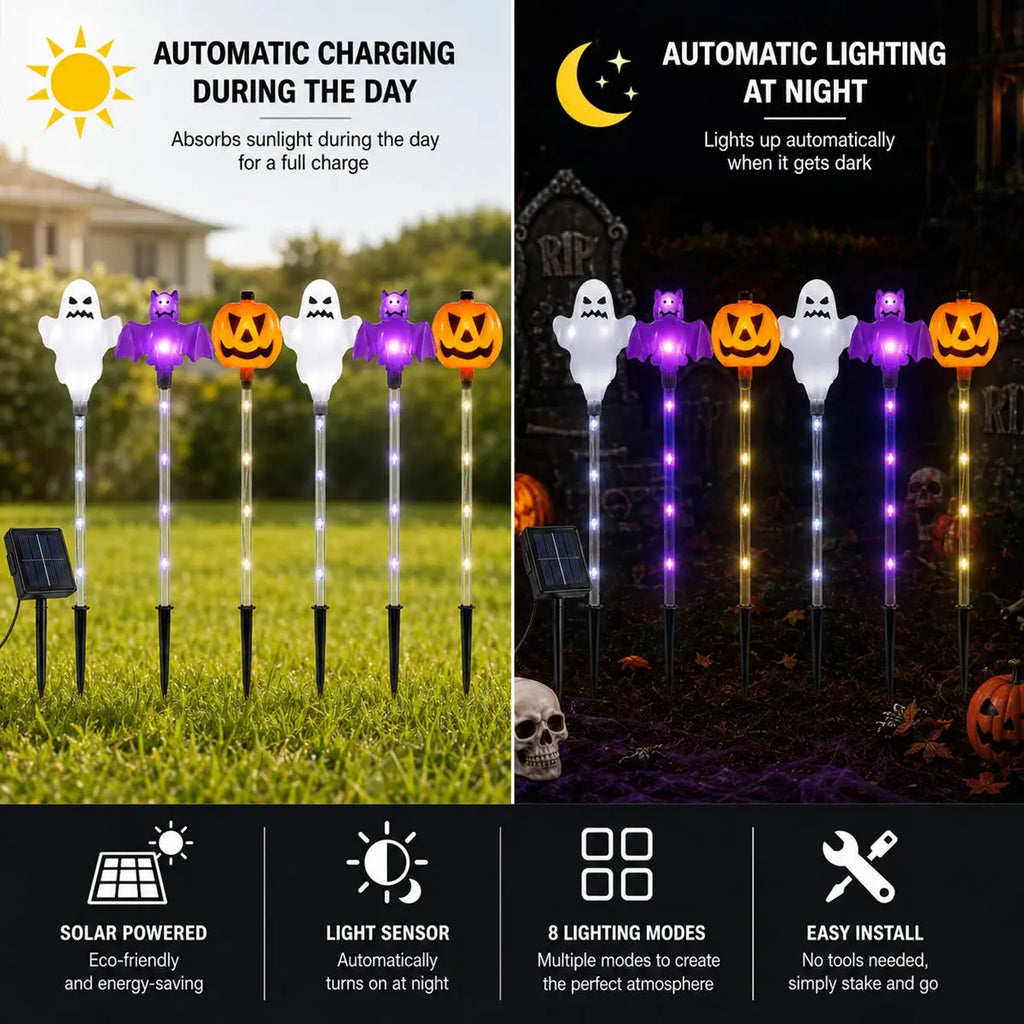 6 Piece Halloween Solar Pumpkin, Ghost and Bat Stake Lights