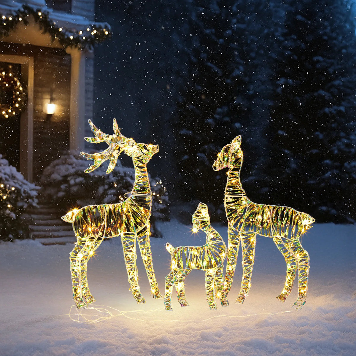 Lighted iridescent reindeer family