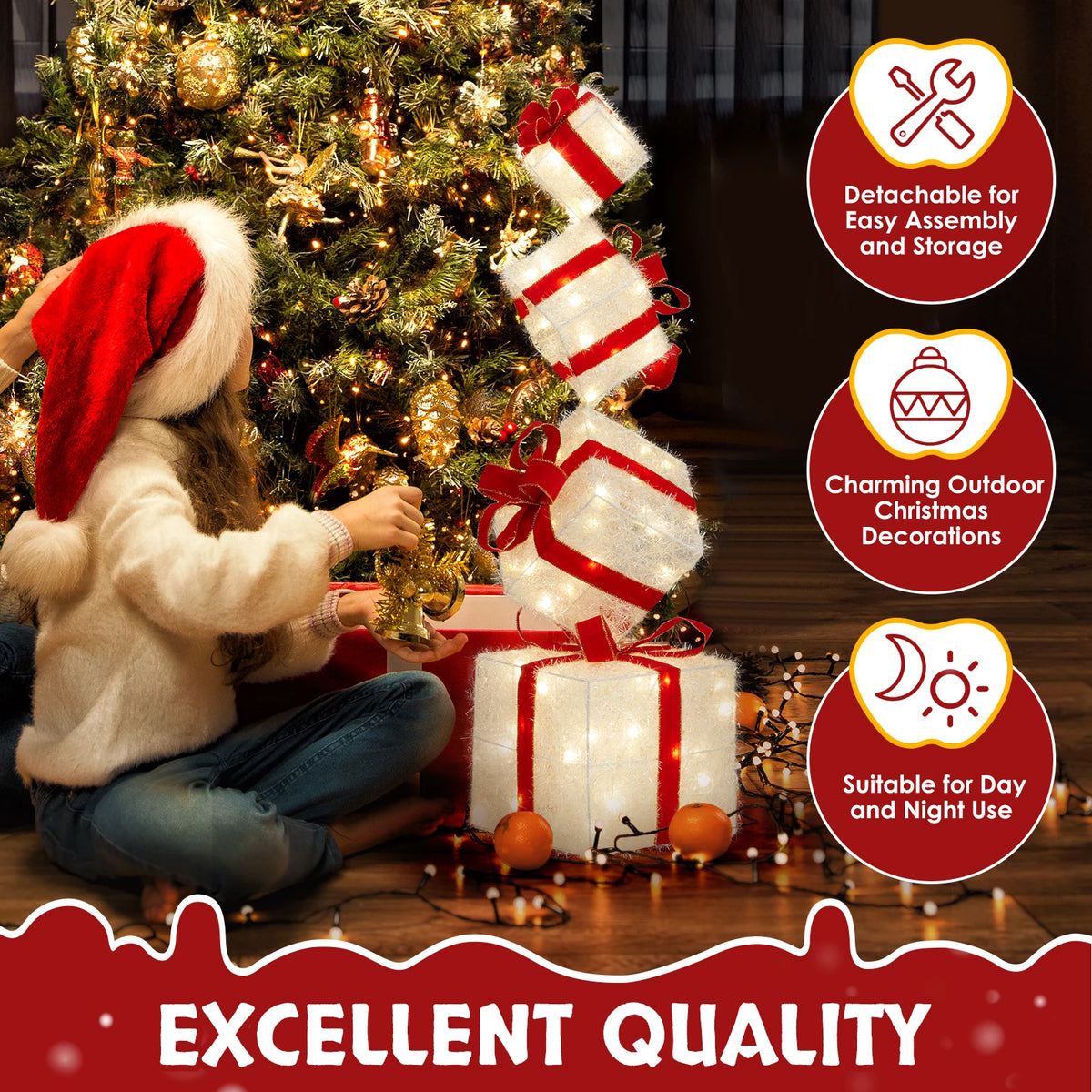 3FT Lighted Gift Box Tower, 80 Warm White LEDs, with Ground Stakes
