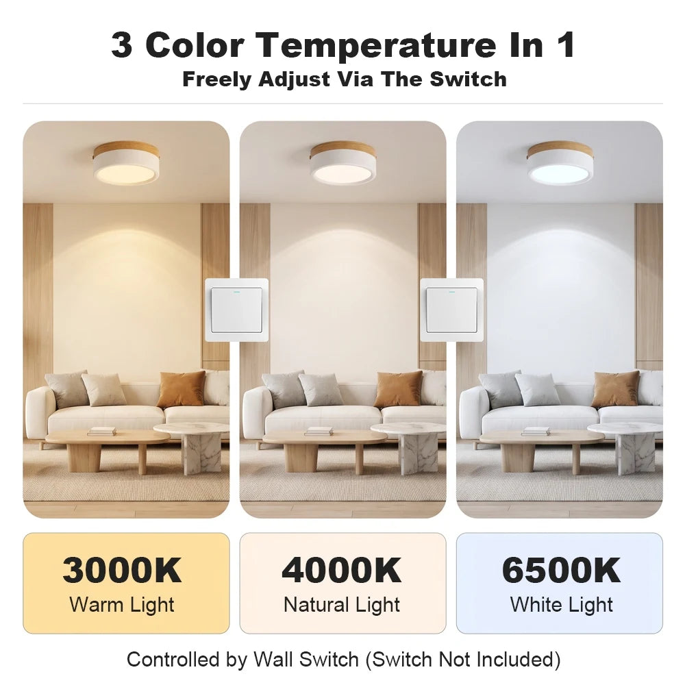 3-Colour Wood Grain Surface-Mounted Ceiling Light, 220V