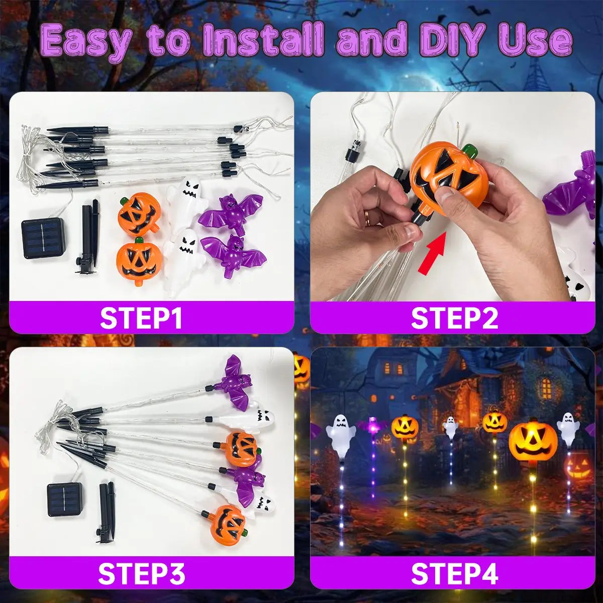 6 Piece Halloween Solar Pumpkin, Ghost and Bat Stake Lights