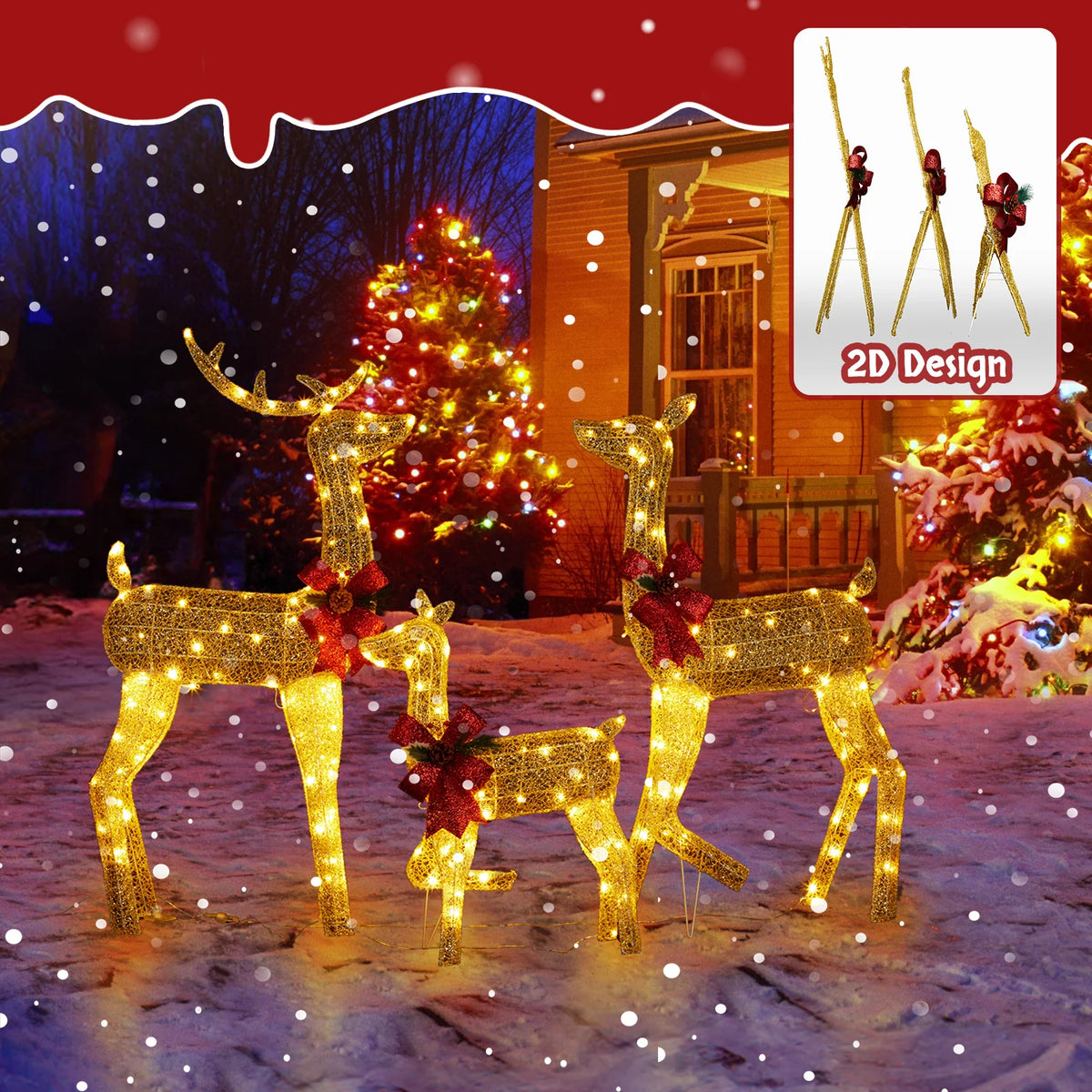 3-Piece Lighted Golden Reindeer Family, 200 LEDs, with Stakes