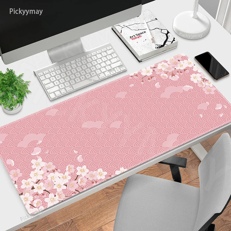 Pink Sakura Cherry Blossom Large Desk Mat, Rubber Mouse Pad