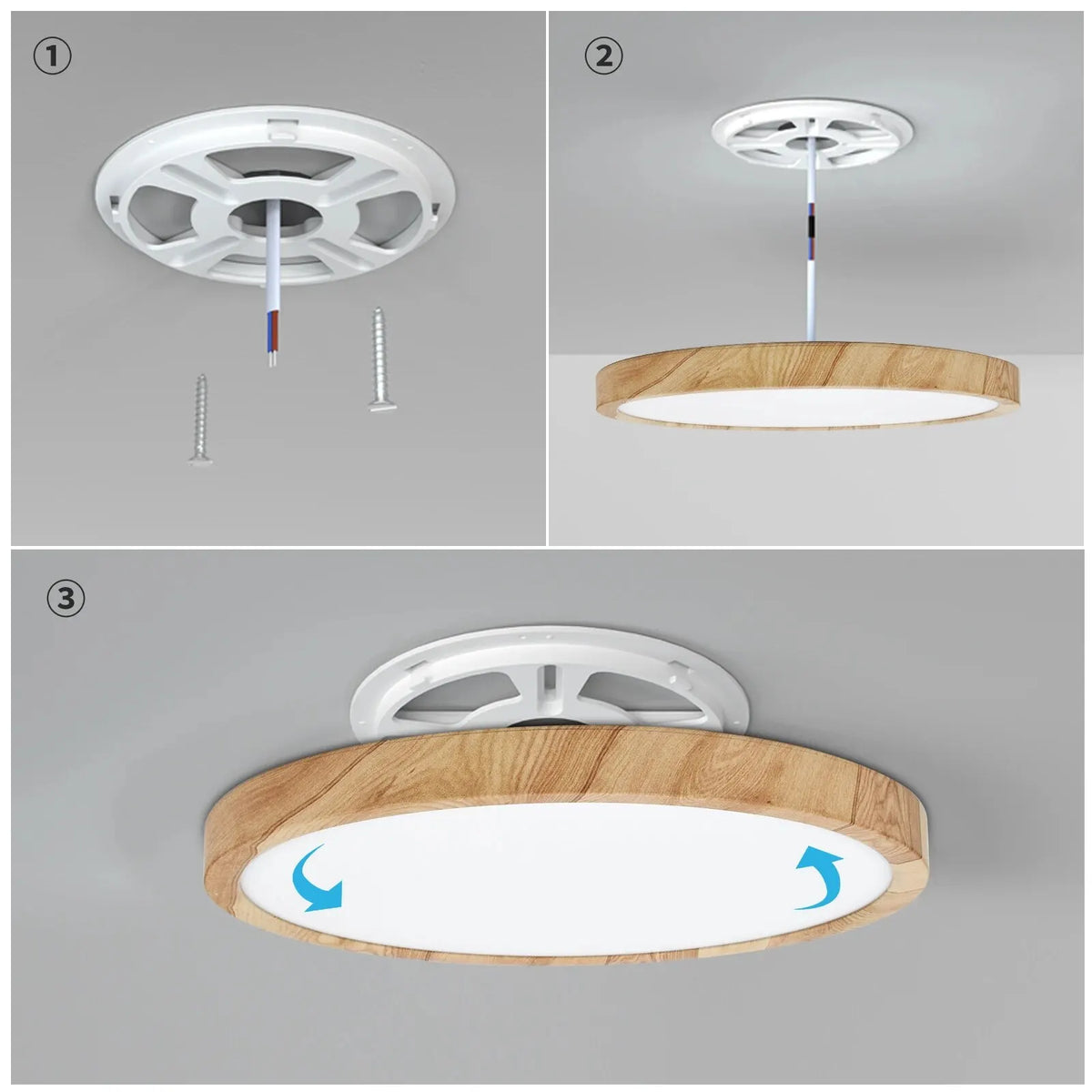 Round LED Flush Ceiling Light, Wood Grain and White, 3-Colour