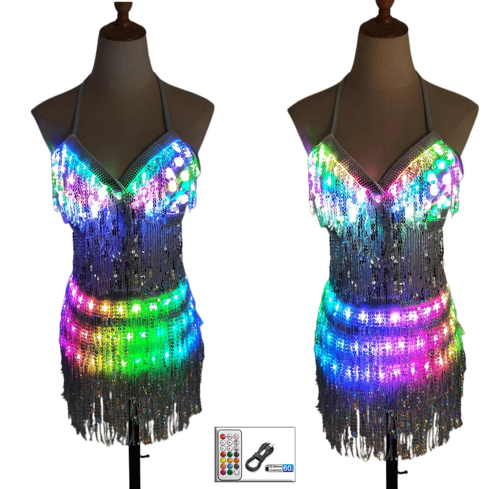 LED Glowing Tassel Dance Dress for Parties and Festivals