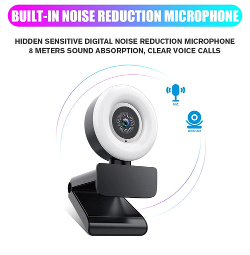 1080P Mini Webcam with Ring Fill Light and Microphone, USB