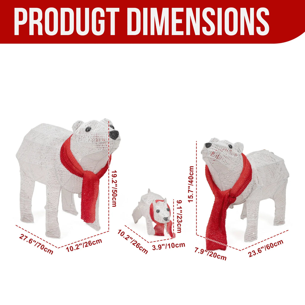 3-Piece Lighted Polar Bear Family, 190 Warm White LEDs