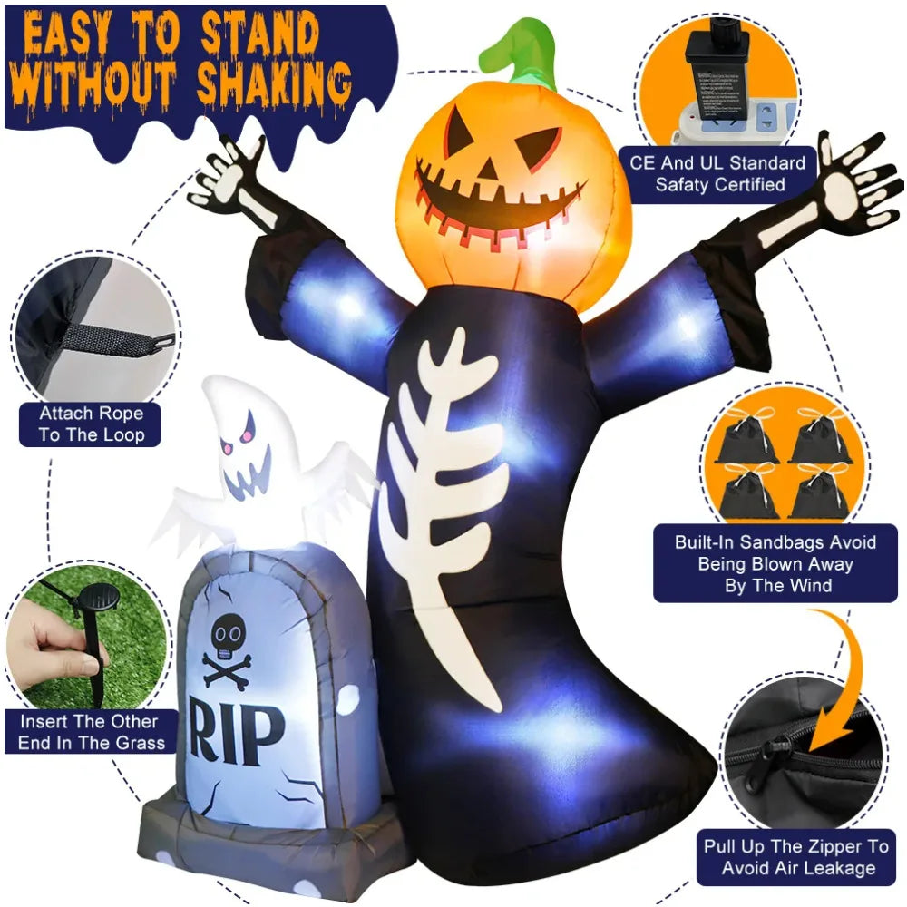 5/8FT Inflatable Halloween Tombstone, Ghost, Pumpkin and Skull