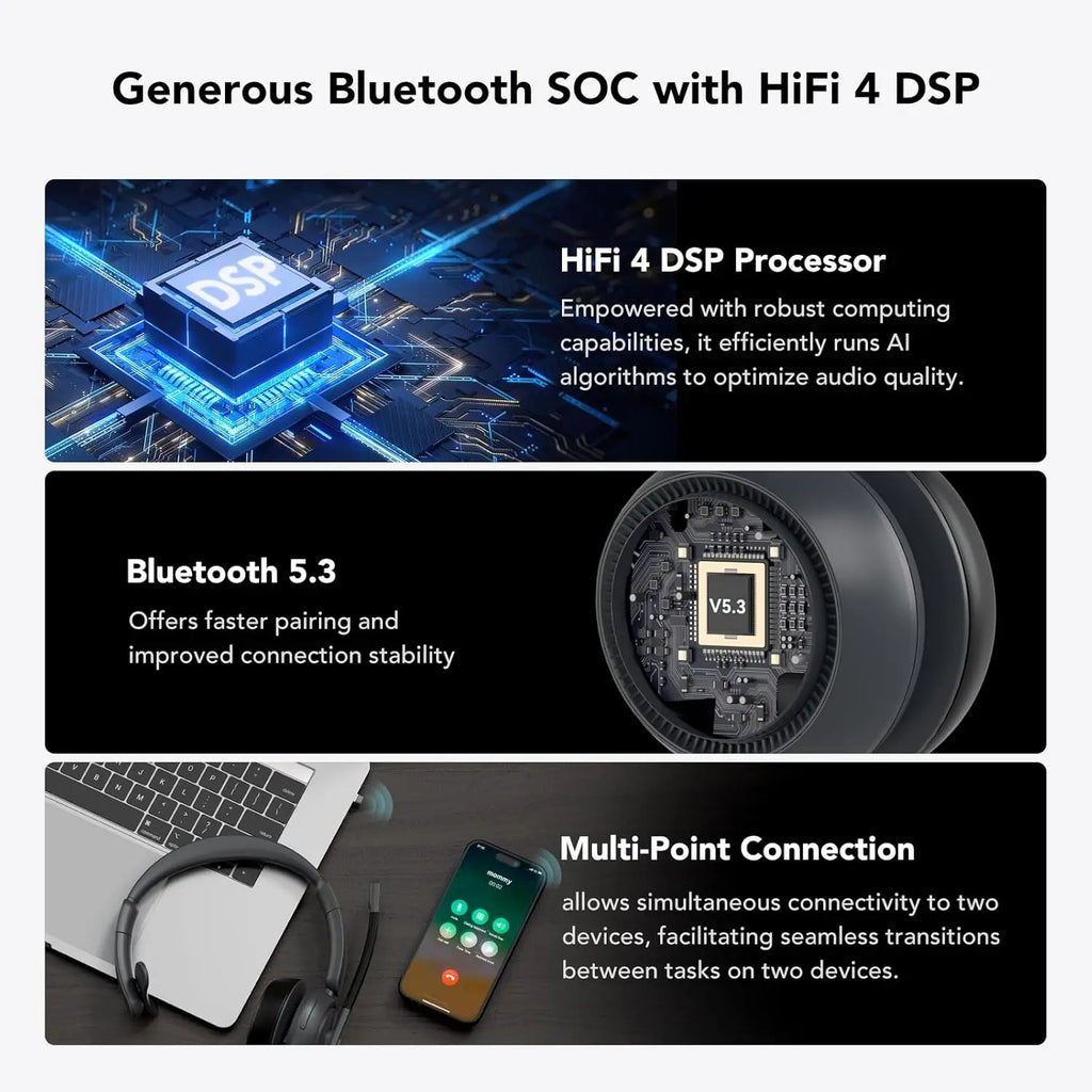 Bluetooth 5.3 Over-Ear Headset with ENC Noise-Cancelling Mic & Mute Button