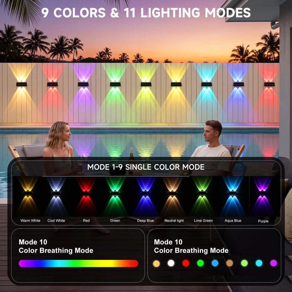 Solar Fence Wall Lights, RGB LED, IP65, 1200mAh Battery