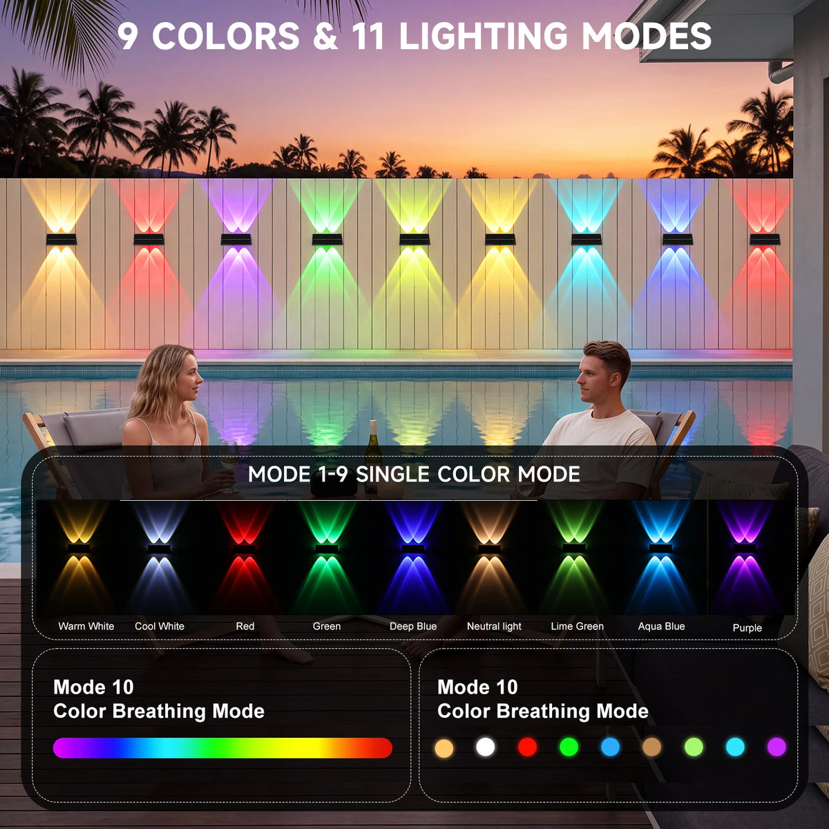 Solar Fence Wall Lights, RGB LED, IP65, 1200mAh Battery