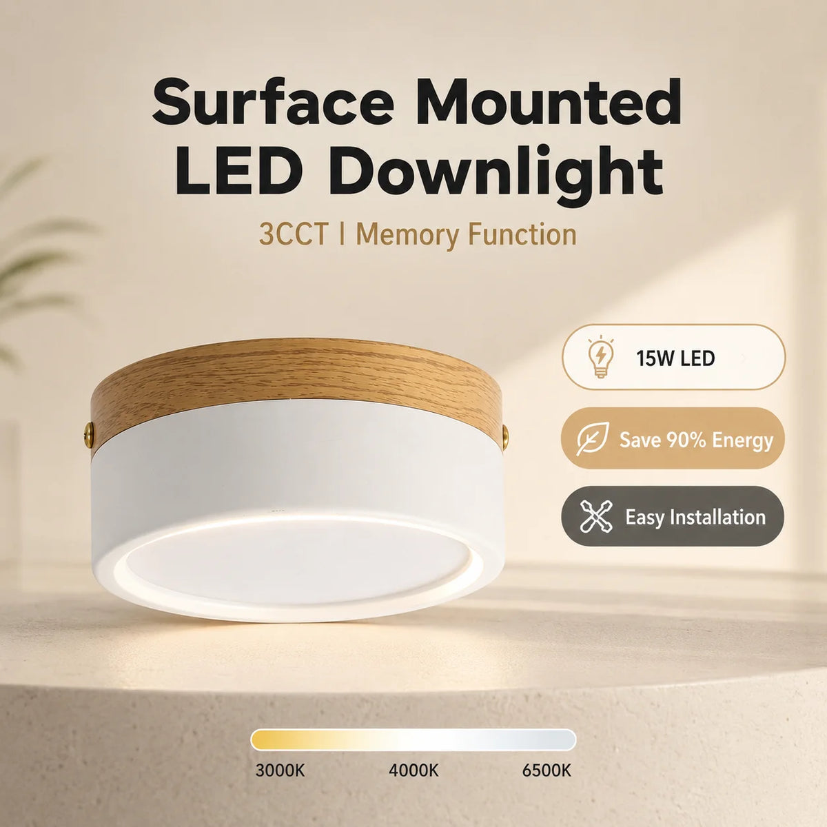 Wood grain 3-colour ceiling light