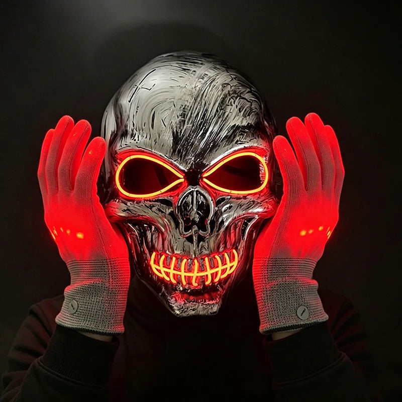 Halloween LED Skull Mask and Light-Up Gloves Set with EL Wire