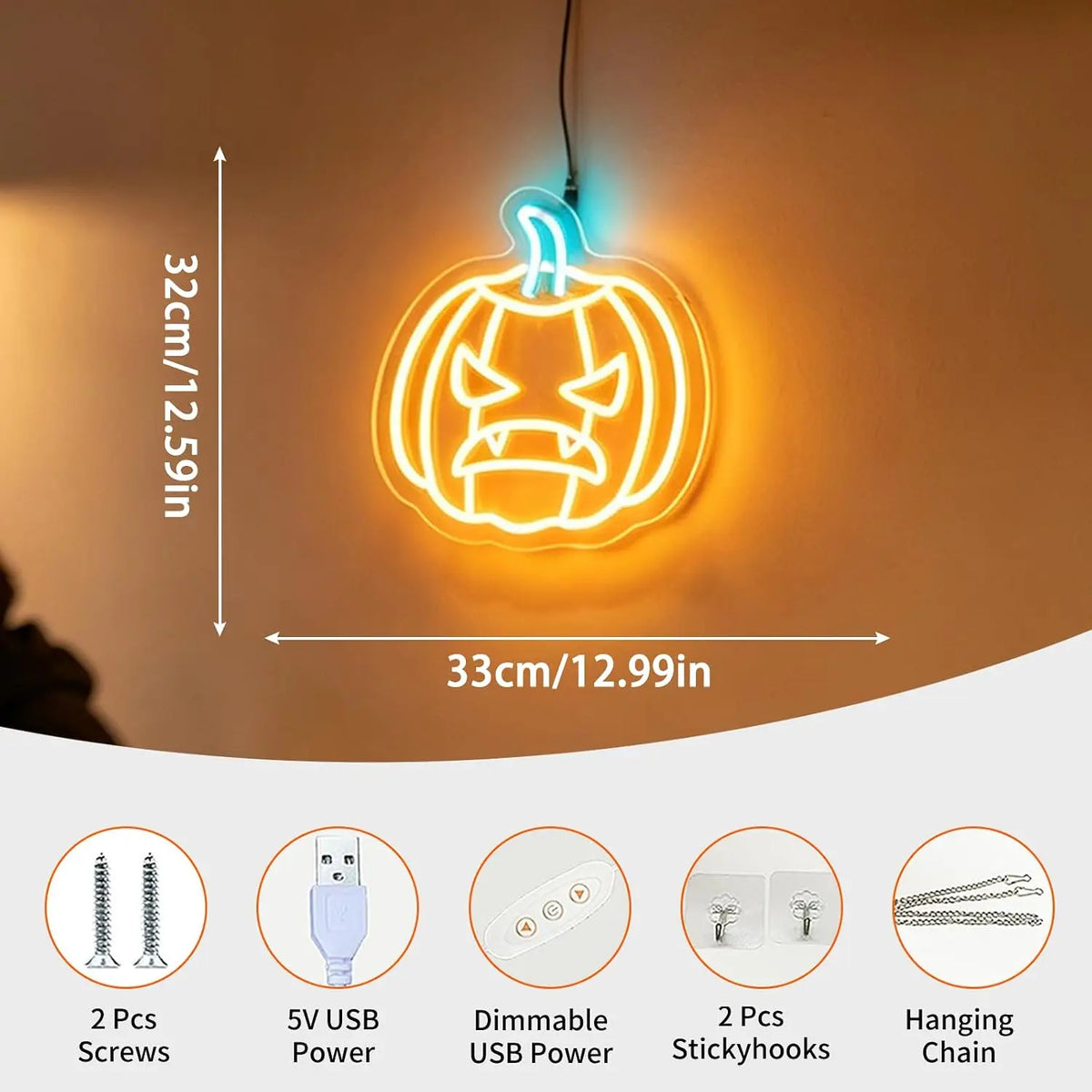 Pumpkin LED Neon Sign, Dimmable, USB Powered