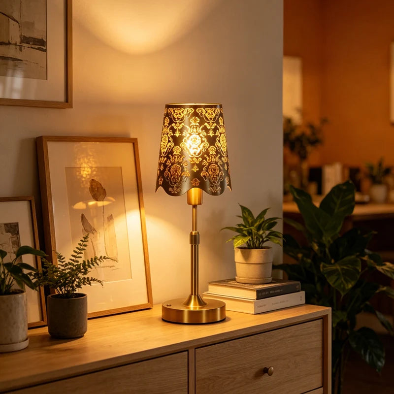 Vintage Floral Hollow Projection Desk Lamp, Rechargeable, Gold