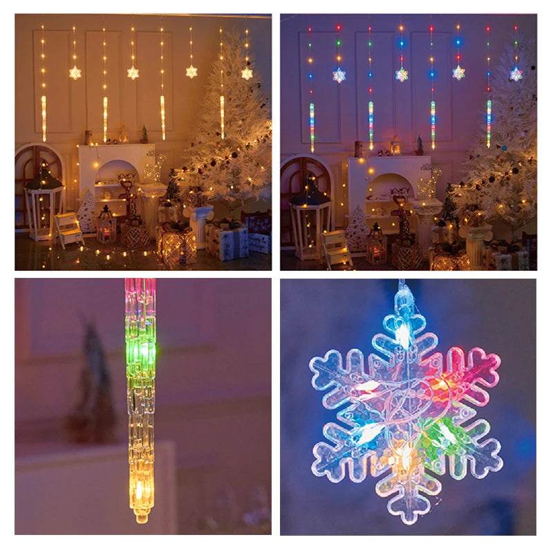 Christmas LED Curtain Lights, Snowflake and Icicle, Battery Powered
