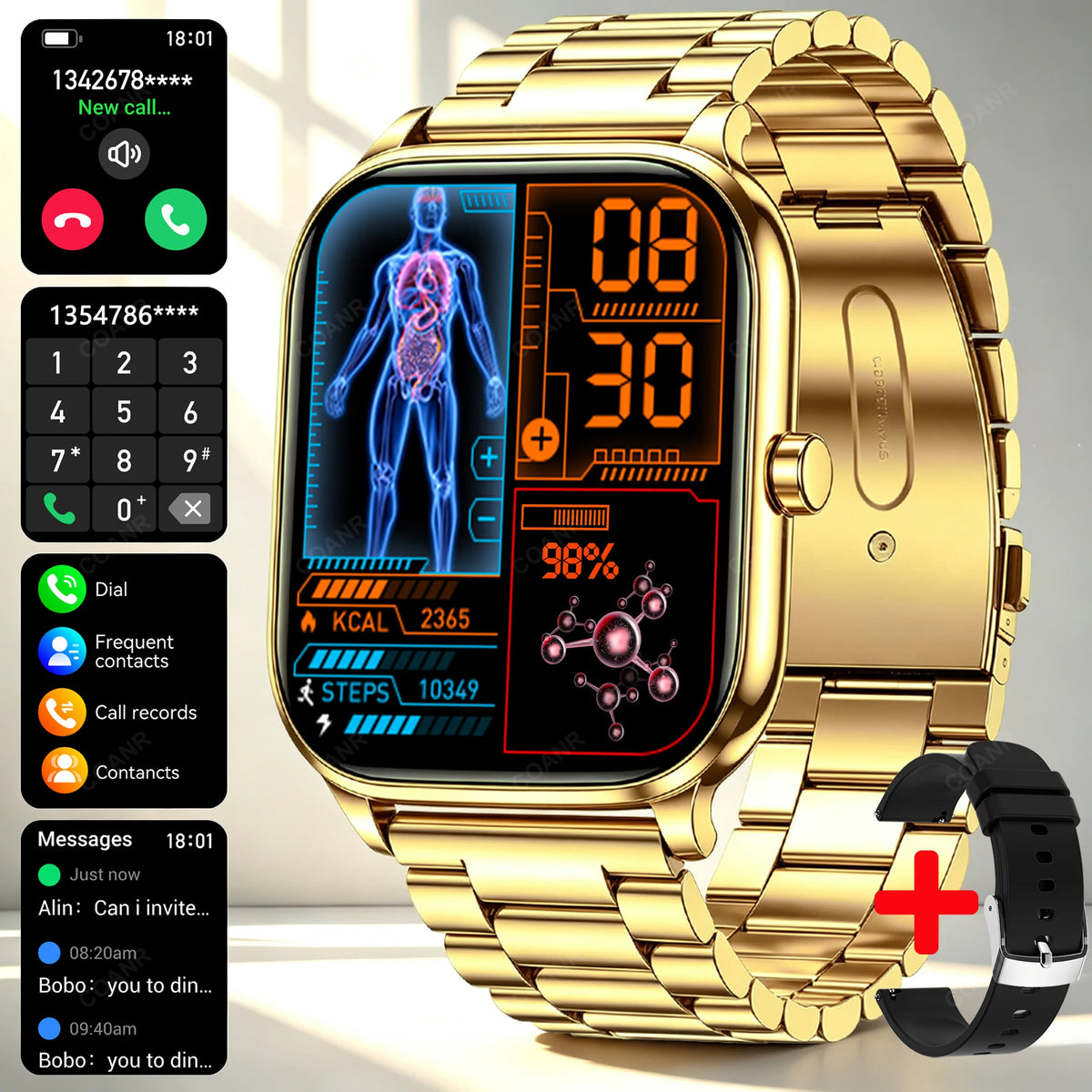 Gold Smart Watch 1.83" HD Screen with Wireless Calls, IP68