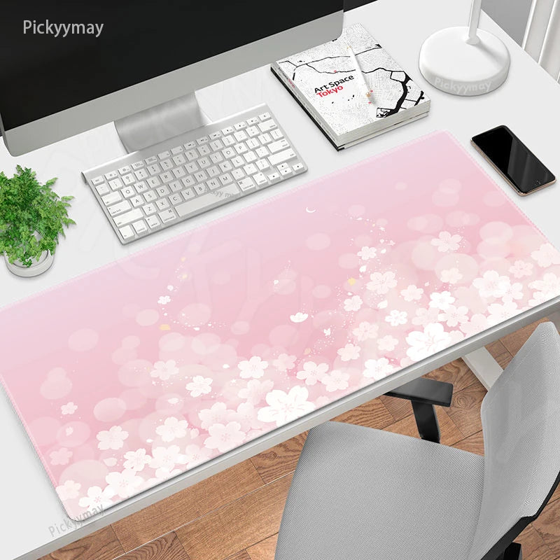 Pink Sakura Cherry Blossom Large Desk Mat, Rubber Mouse Pad