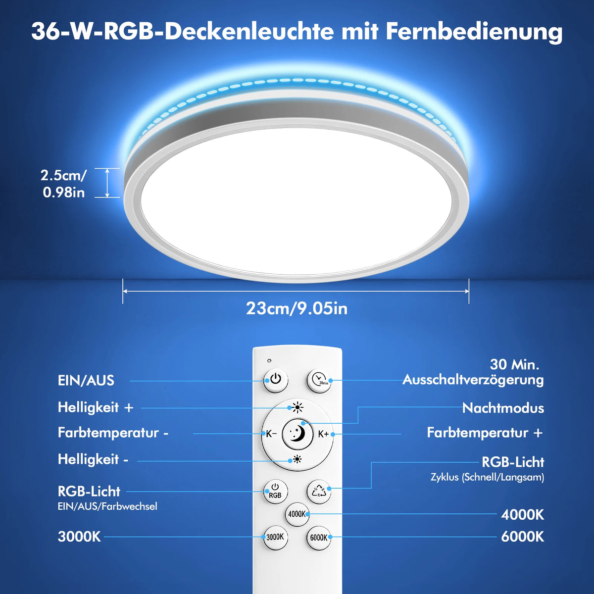 36W/48W RGB Colour-Changing Dimmable LED Ceiling Light