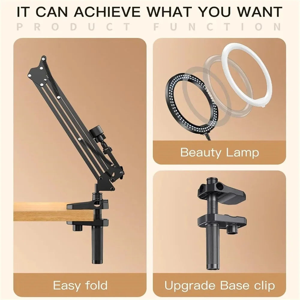 Overhead Camera Mount with Ring Light, Articulating Arm