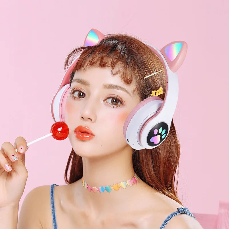 Light-Up Cat Ear Bluetooth 5.0 Wireless Over-Ear Headphones