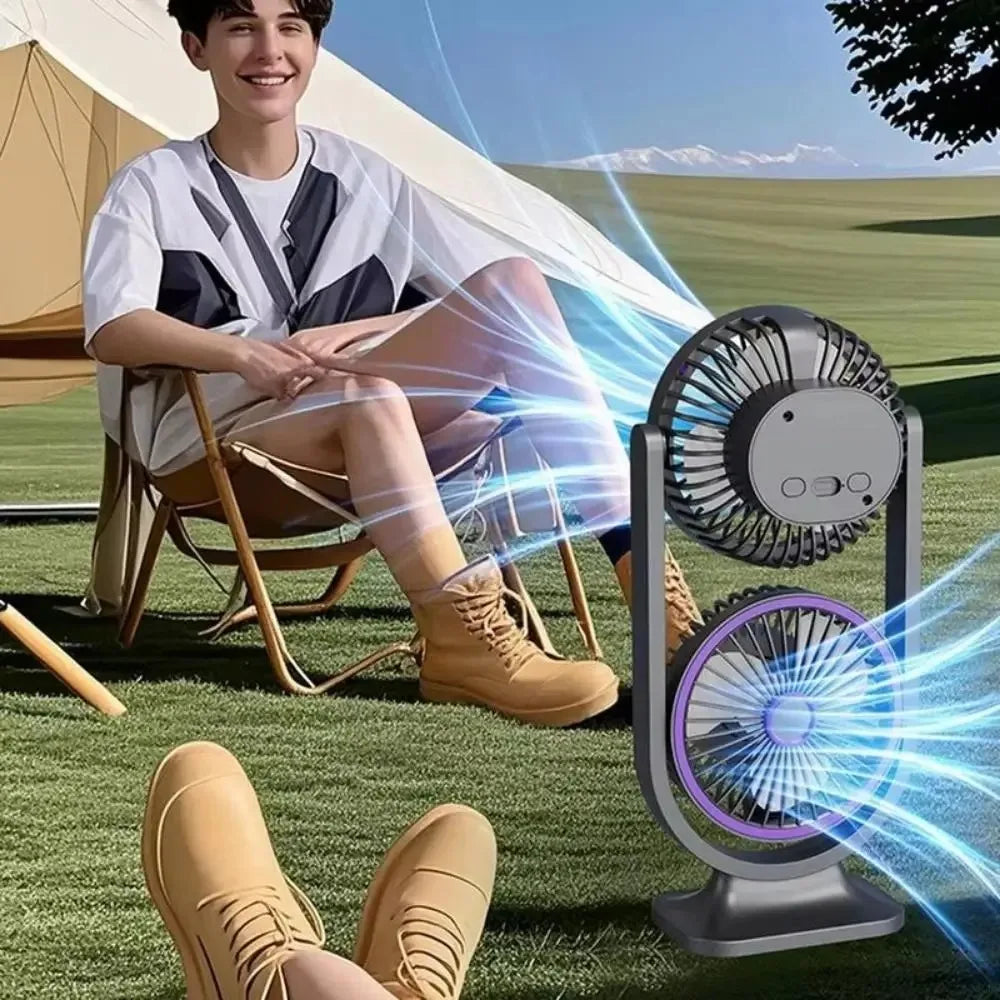 Dual-Head Desktop Fan, 3-Speed, USB Rechargeable, with Night Light
