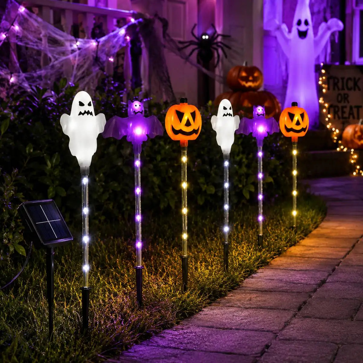 6 Piece Halloween Solar Pumpkin, Ghost and Bat Stake Lights
