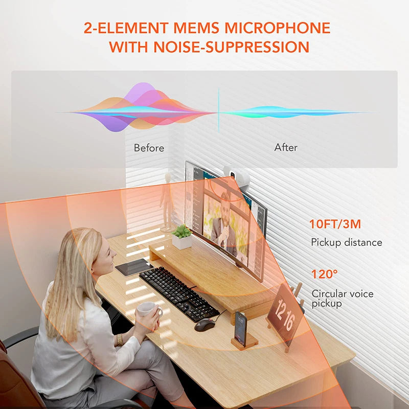 Auto Focus Webcam with Ring Light, USB, Noise-Cancelling Mic
