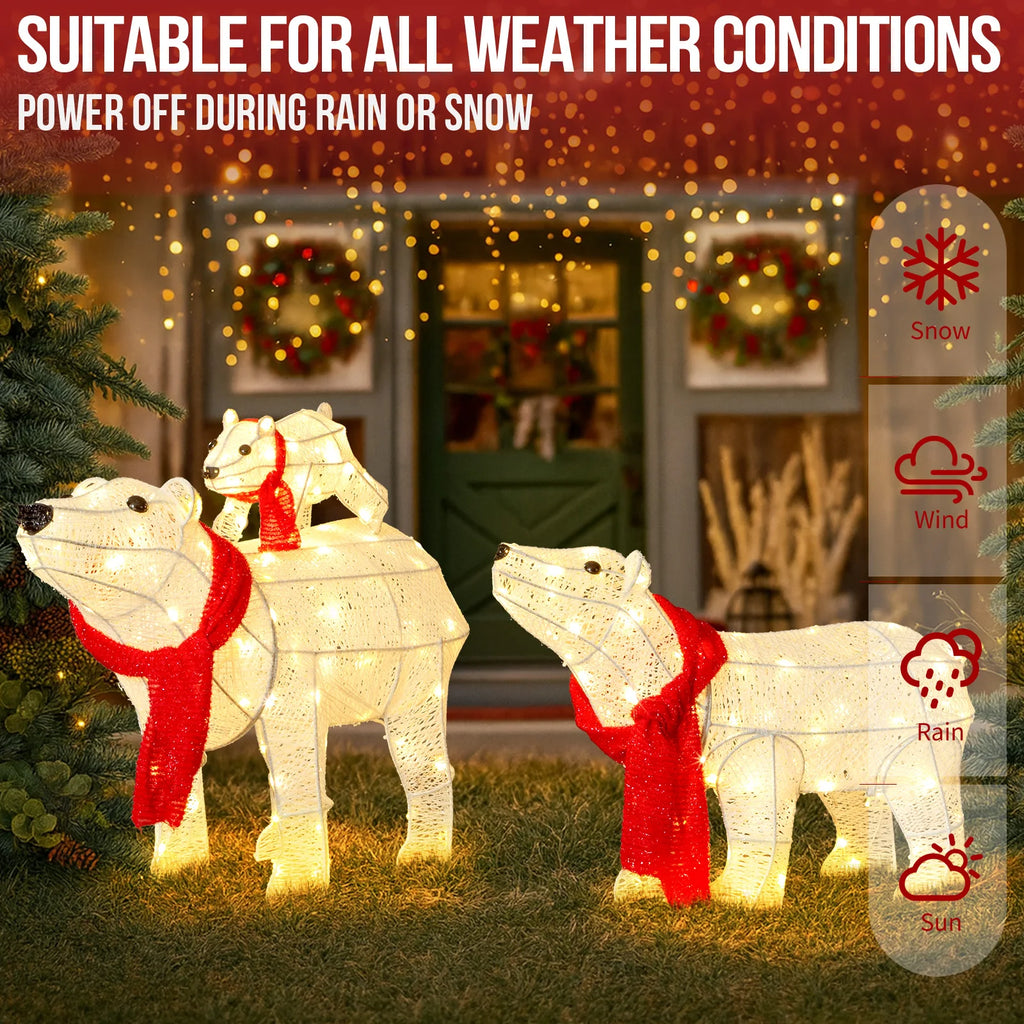 3-Piece Lighted Polar Bear Family, 190 Warm White LEDs