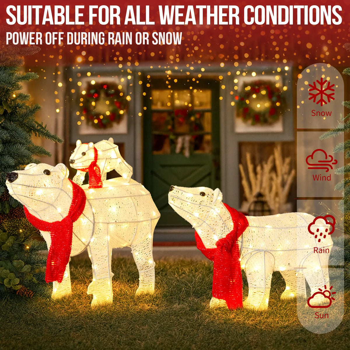 3-Piece Lighted Polar Bear Family, 190 Warm White LEDs