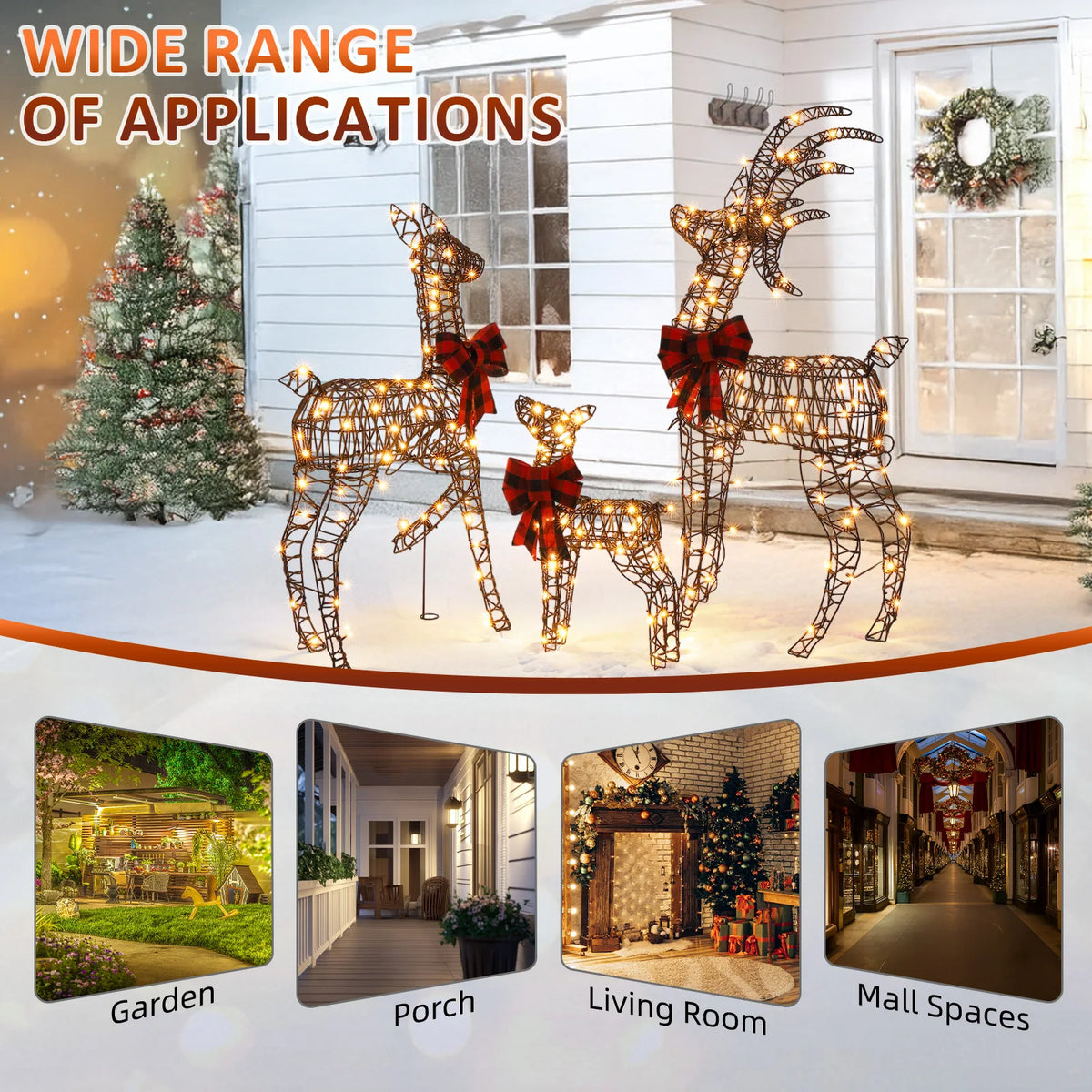 3-Piece Lighted Rattan Reindeer Family, 210 Warm White LEDs, 4FT