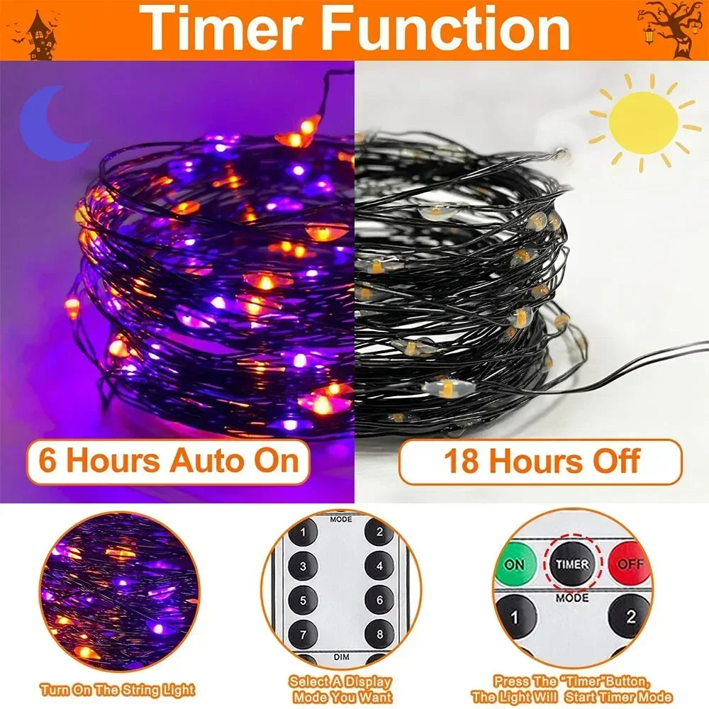 Halloween Purple Fairy String Lights, 100/200 LEDs, Black Wire, 8 Modes