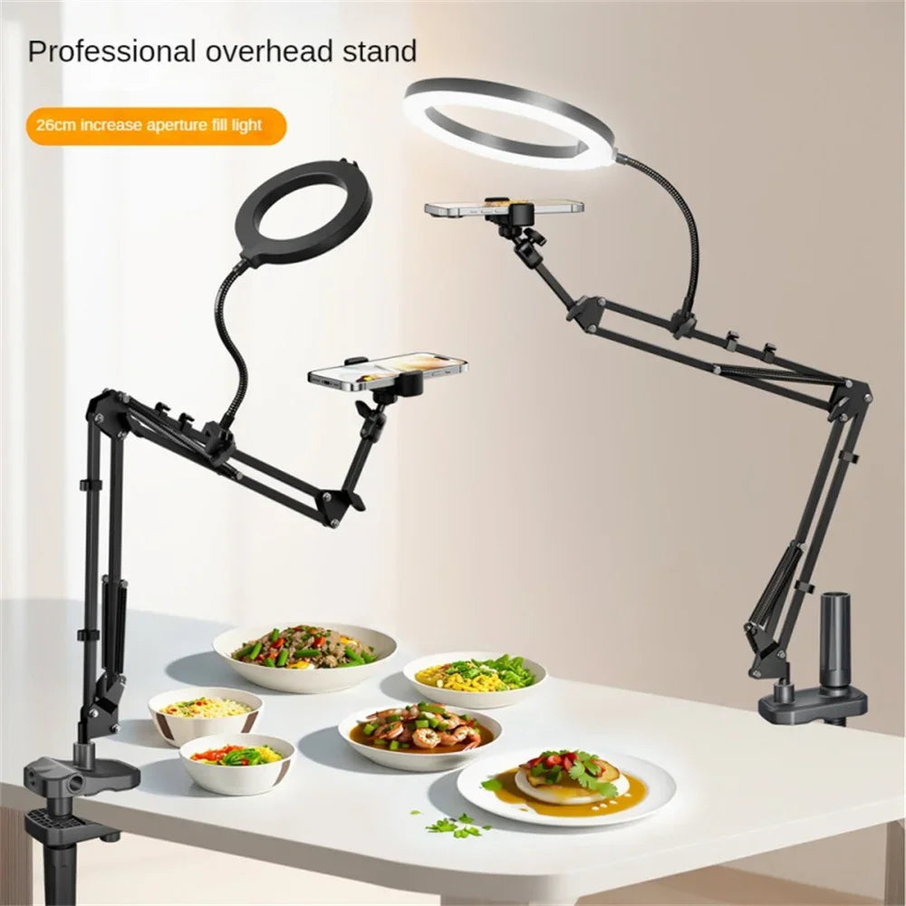 Overhead Camera Mount with Ring Light, Articulating Arm