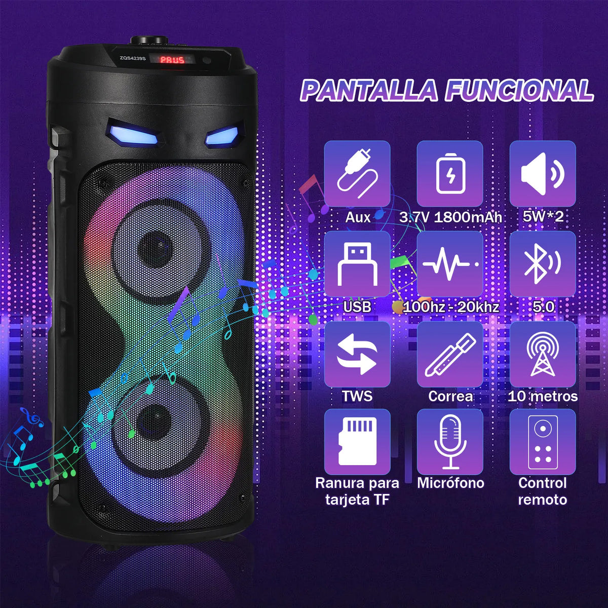 Portable Bluetooth Party Speaker with Wired Microphone, LED Lights, Remote