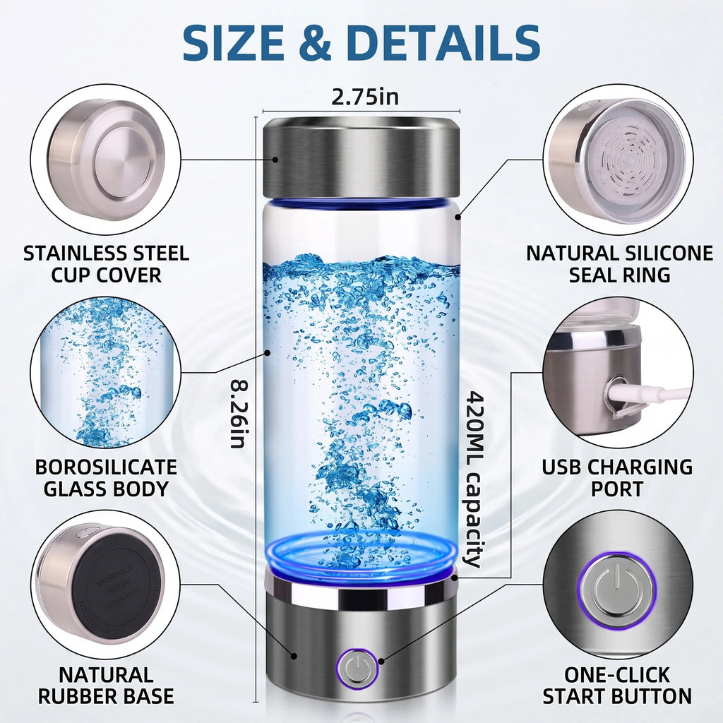Portable 3-in-1 Hydrogen Water Bottle Generator, SPE PEM Glass Ionizer, Rechargeable