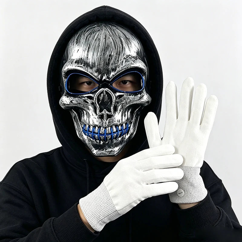 Halloween LED Skull Mask and Light-Up Gloves Set with EL Wire