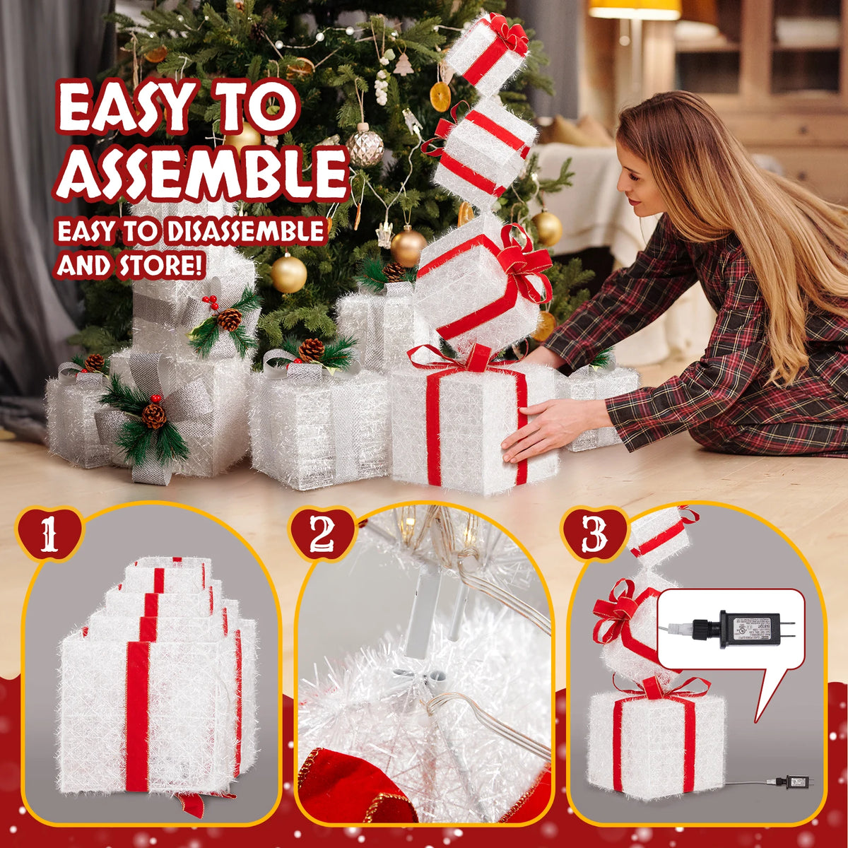 3FT Lighted Gift Box Tower, 80 Warm White LEDs, with Ground Stakes