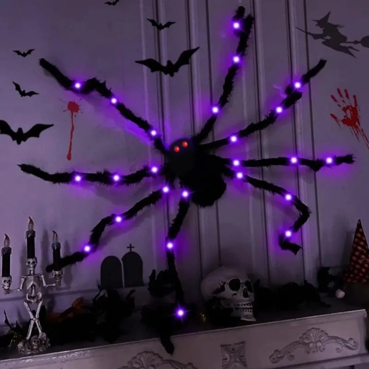 Giant Light-Up Fuzzy Black Spider, Purple LED, Battery Powered