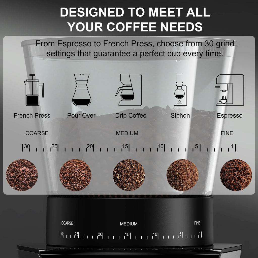 Automatic Electric Burr Coffee Grinder, 30 Grind Settings, Visible Bean Hopper