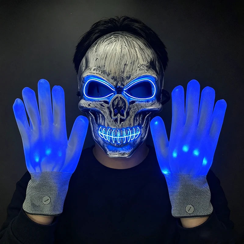 Halloween LED Skull Mask and Light-Up Gloves Set with EL Wire